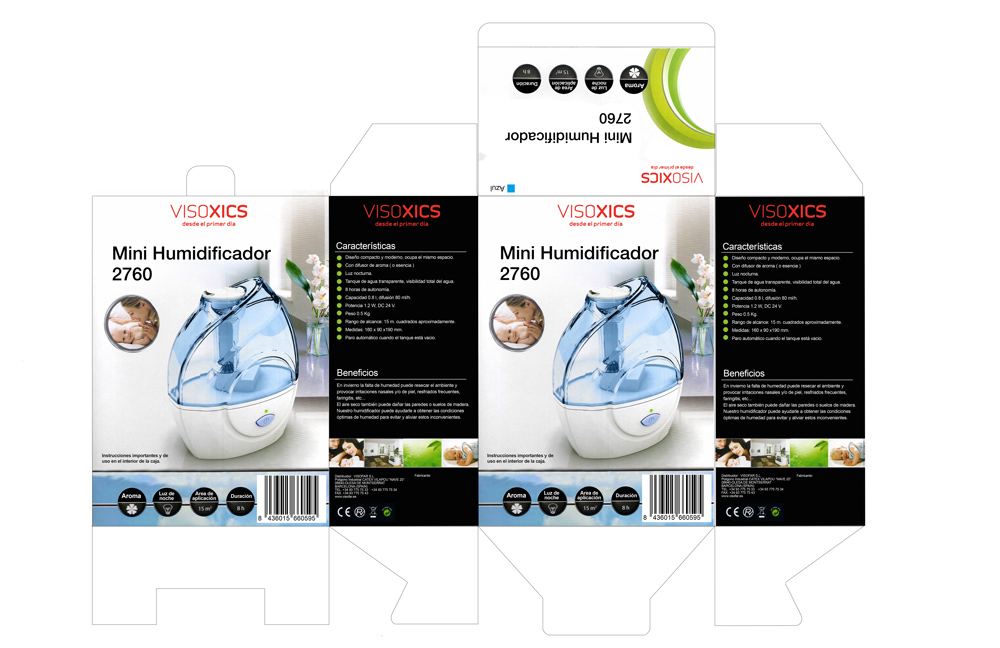 Diseño gráfico de packaging cajas envases humidificador infantil de venta en farmacias y tiendas de puricultura