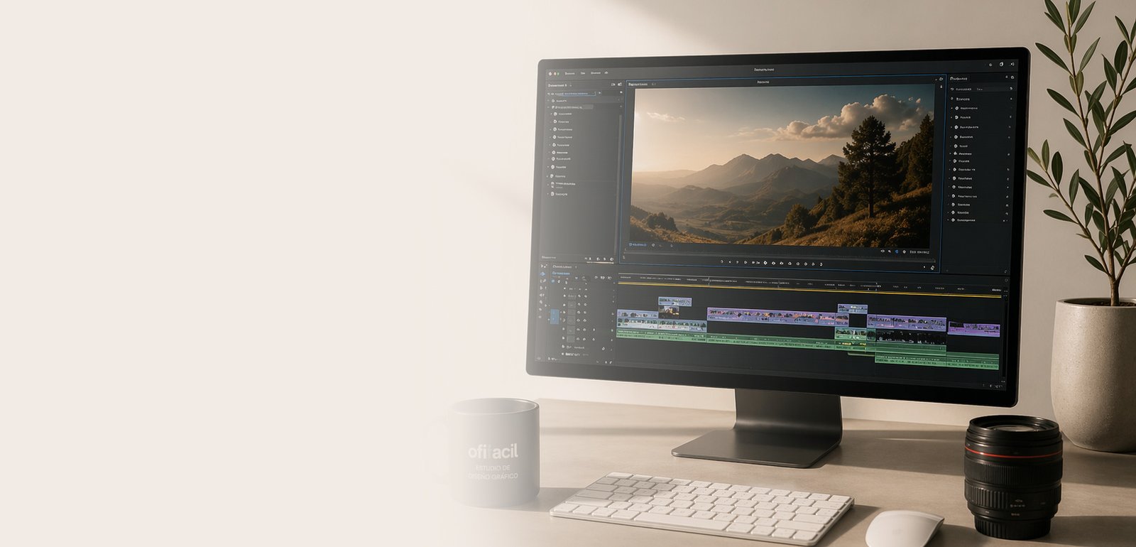 Mesa de trabajo con pantalla de edición de vídeo