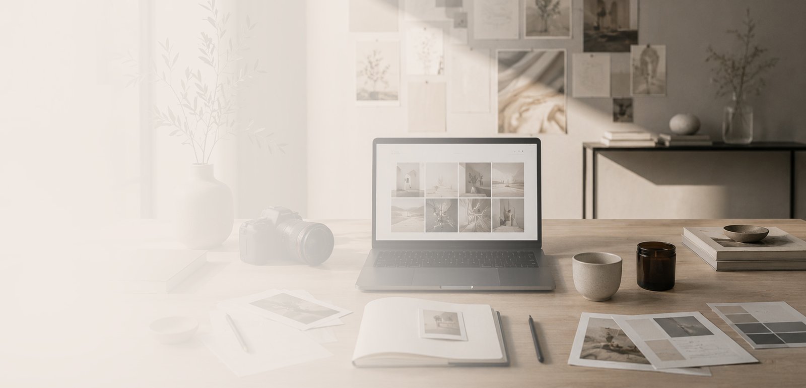 Estudio creativo con mesa de trabajo, ordenador y dirección artística sobria