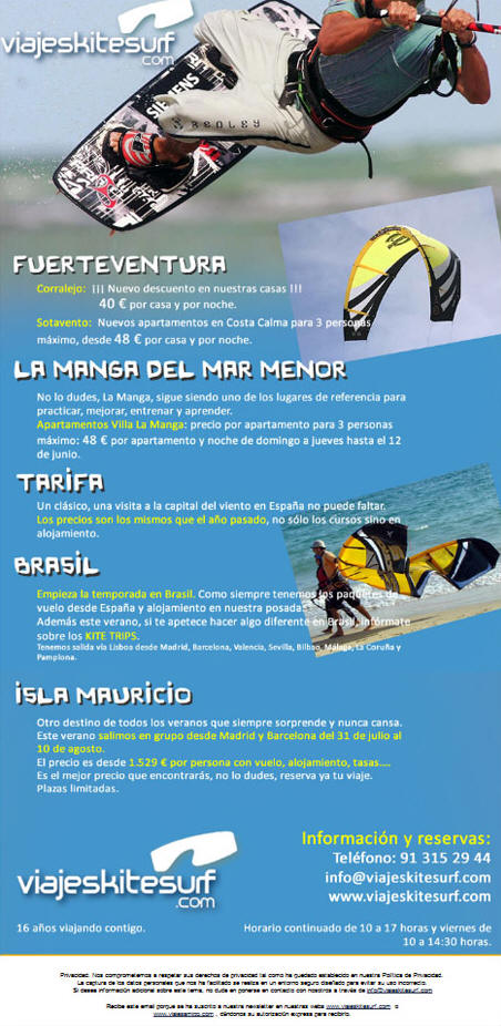 Portfolio of creative graphic design jobs for the creation of newsletters and flyers for travel agency specialized in Kite Surf