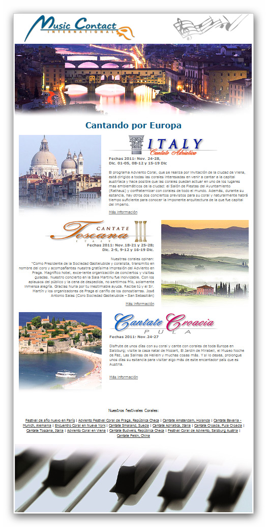 Portfolio of creative graphic design works for the creation of newsletters and flyers for specialized travel agency group musical trips - Music Contact International