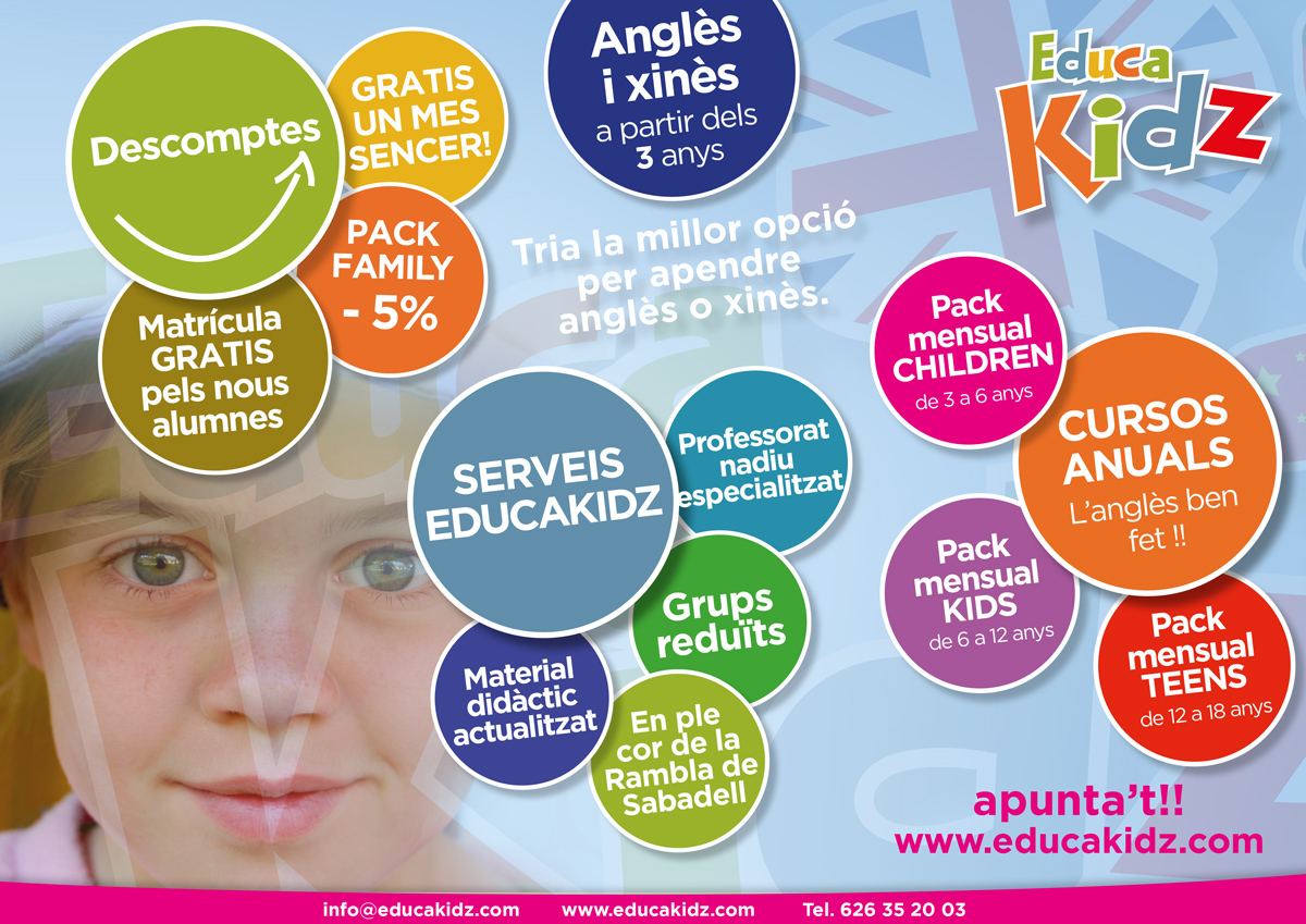 Diseño gráfico y creativo de flyers, folletos, dípticos y trípticos para campaña de publicidad para escuela de enseñanza de inglés para niños