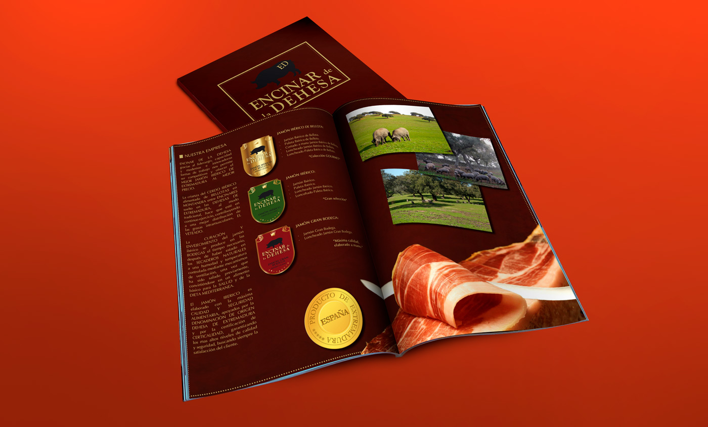 Diseño gráfico y creativo de maquetación de catálogos de productos para empresa comercializadora de jamón iberico de bellota