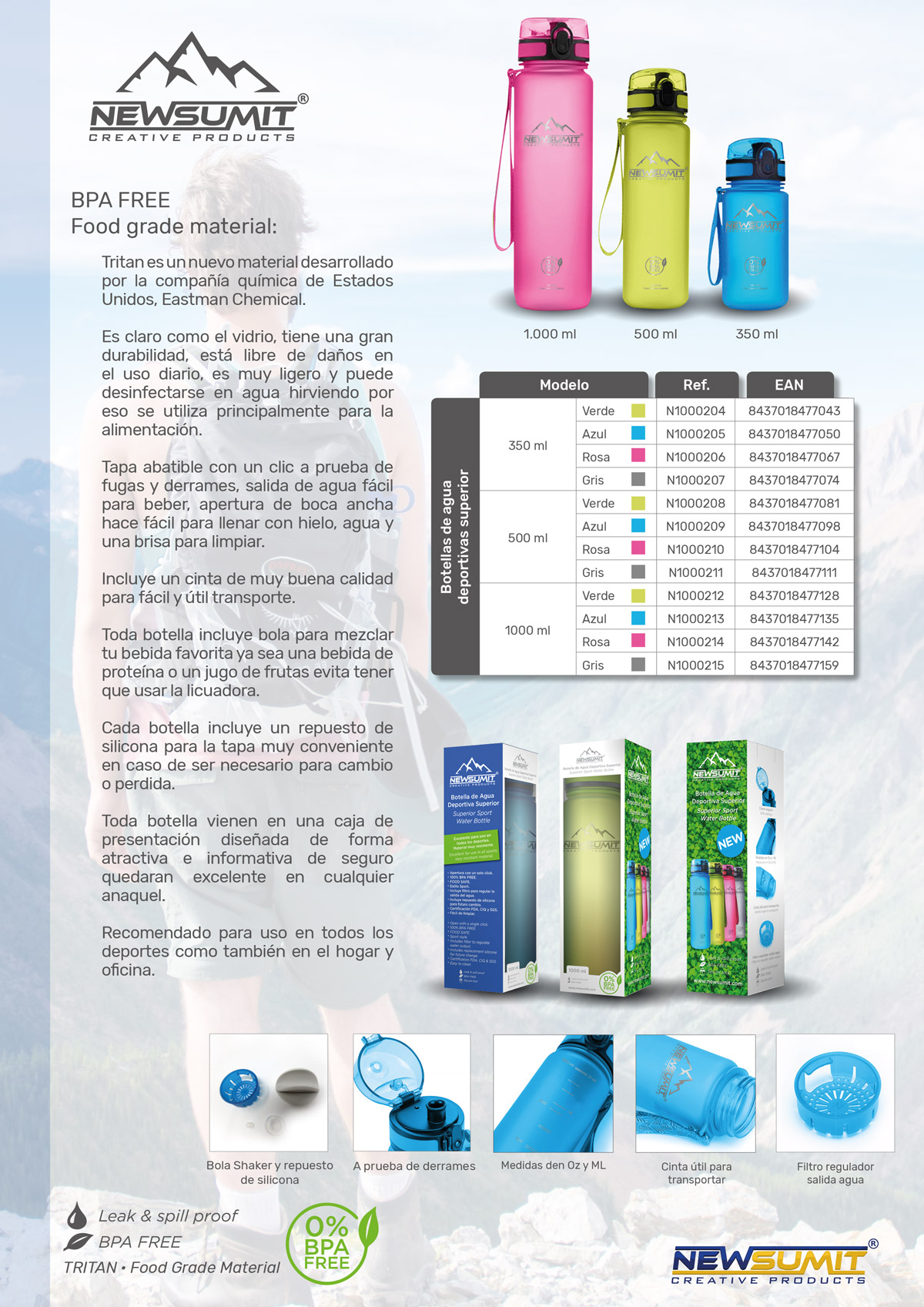 Diseño gráfico y creativo de maquetación de catálogos de productos para empresa fabricante de botellas y prouctos deportivos