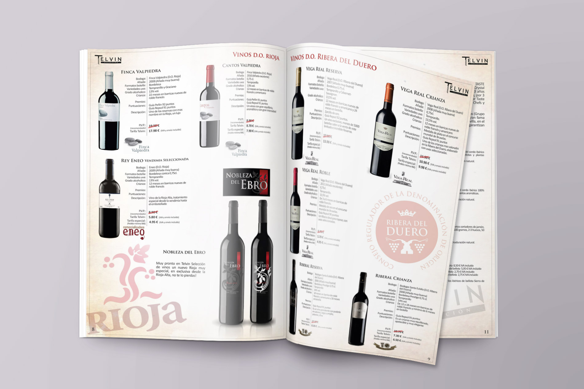 Diseño gráfico y creativo de maquetación de catálogos de productos para bodega exportadora de vinos, licores y cavas a nivel nacional