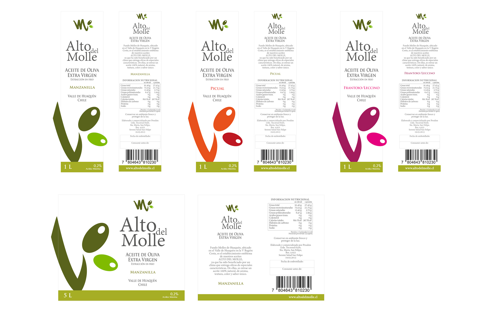 Diseño gráfico y creativo de etiquetas de aceite de oliva virgen extra para la marca de Chile ALTO DEL MOLLE