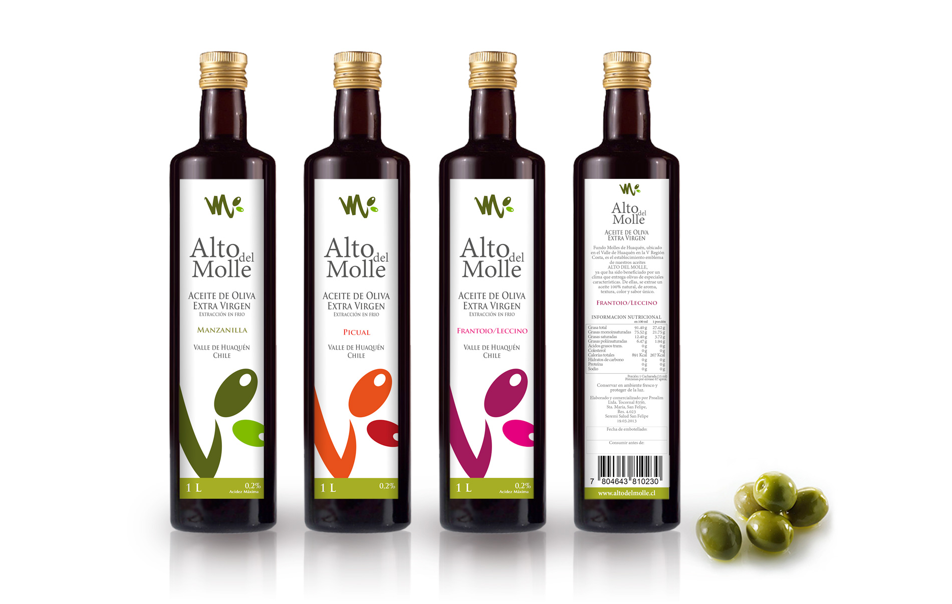 Diseño gráfico y creativo de etiquetas de aceite de oliva virgen extra para la marca de Chile ALTO DEL MOLLE