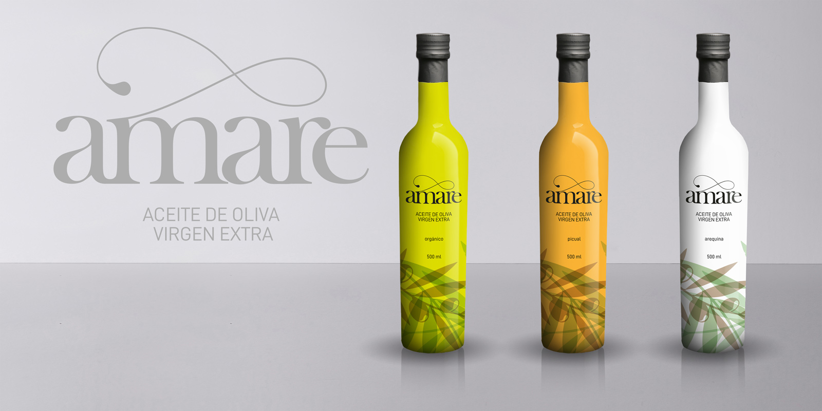 Diseño gráfico y creativo de etiquetas de aceite de oliva virgen extra AMARE