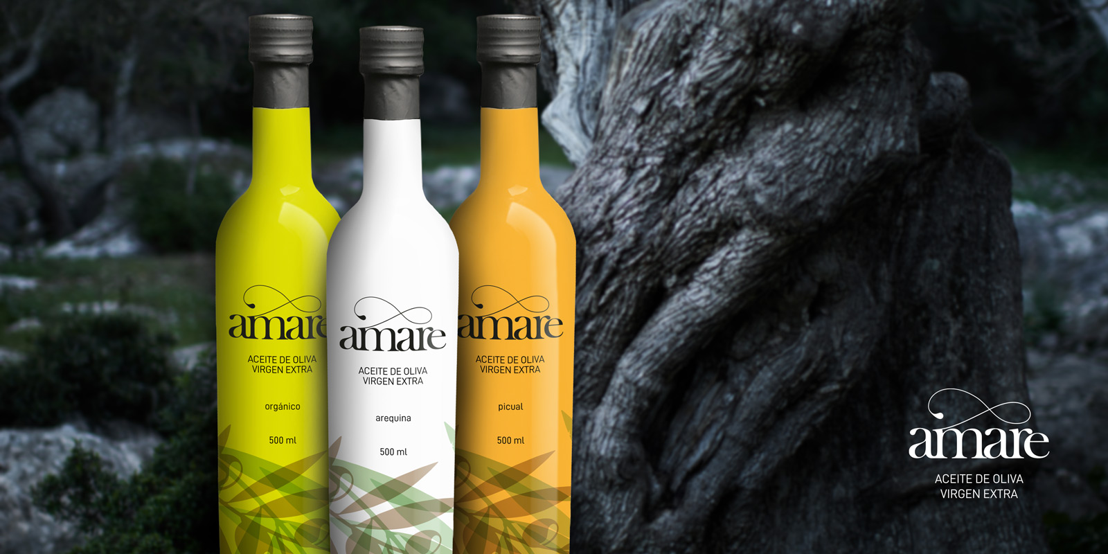 Graphic and creative design of extra virgin olive oil labels for AMARE