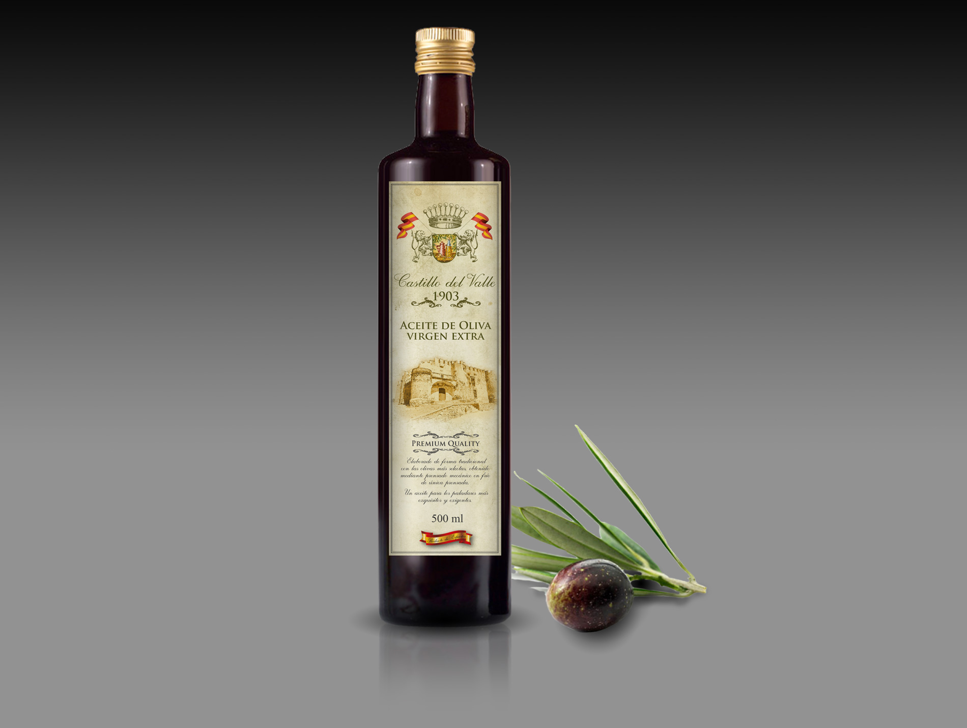 Diseño gráfico y creativo de etiquetas de aceite de oliva virgen extra para la marca CASTILLO DEL VALLE