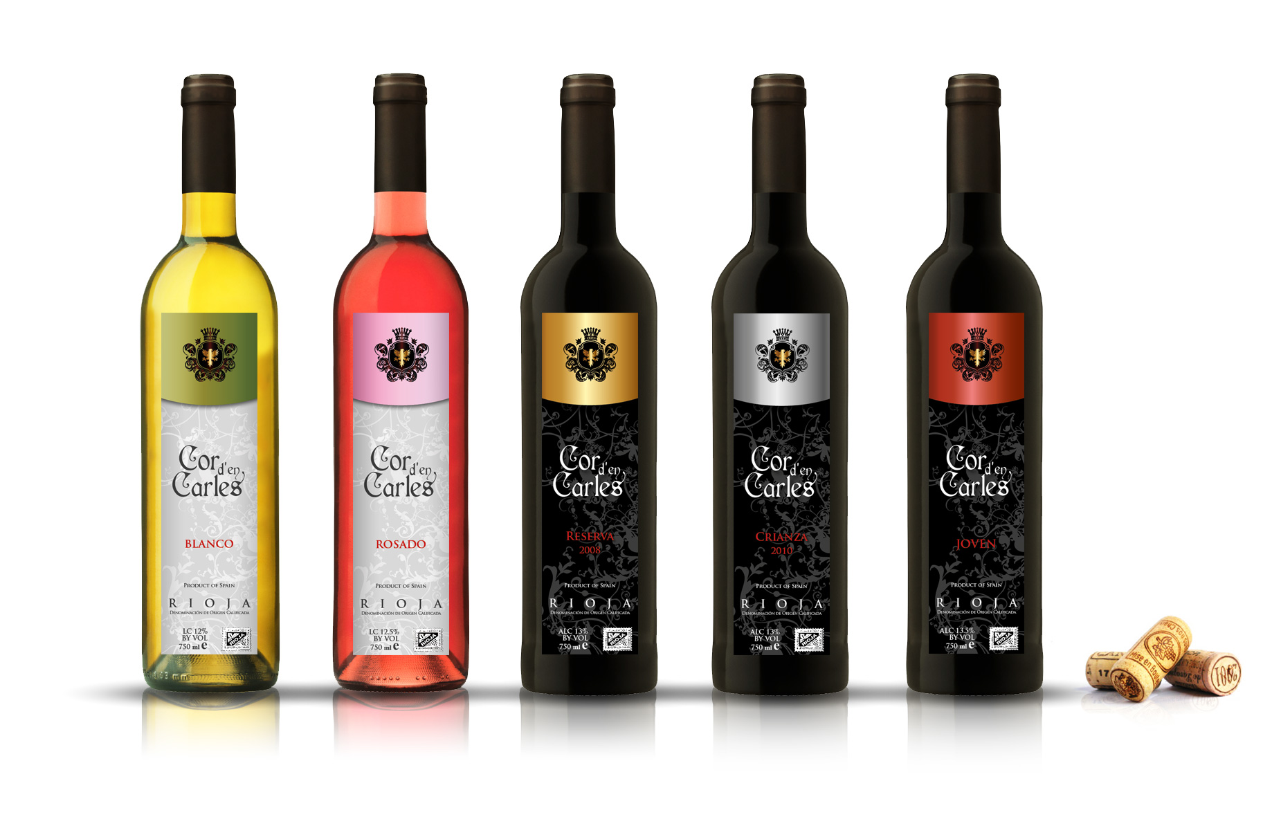 Portfolio of graphic and creative design works classic wine labels and packaging for Spanish wine COR D'EN CARLES for export to China