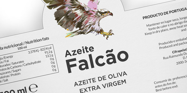 Graphic and creative design of extra virgin olive oil labels for FALÇAO in Portugal