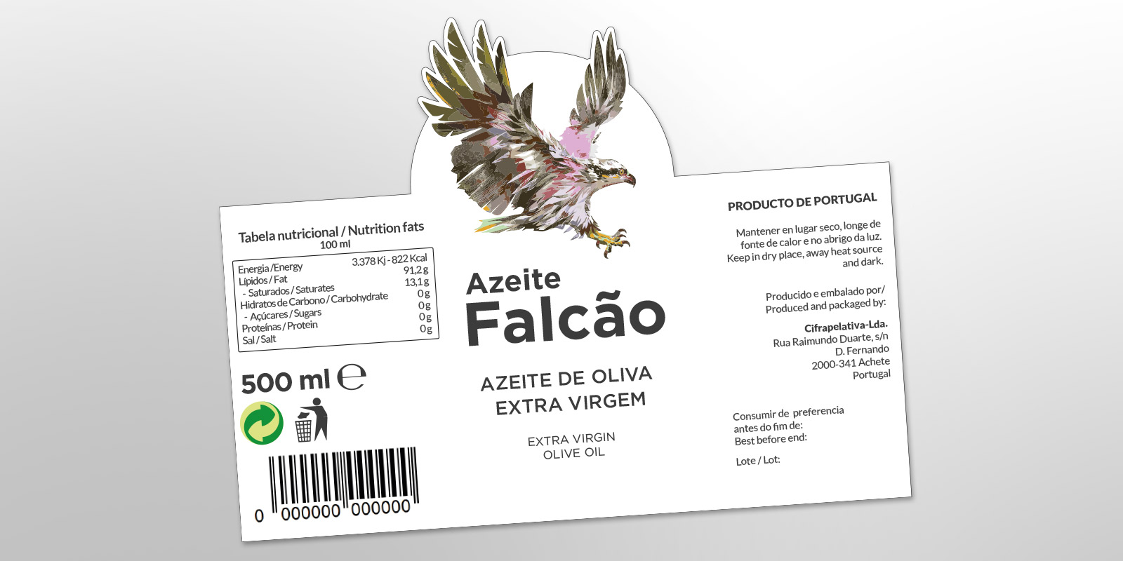 Diseño gráfico y creativo de etiquetas de aceite de oliva virgen extra para FALÇAO en Portugal