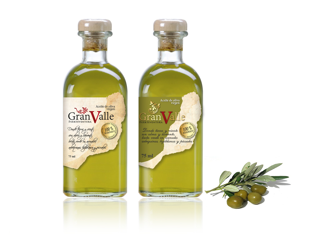 Portfolio of graphic and creative design works of extra virgin olive oil label design and packaging for GRAN VALLE in the Canary Islands