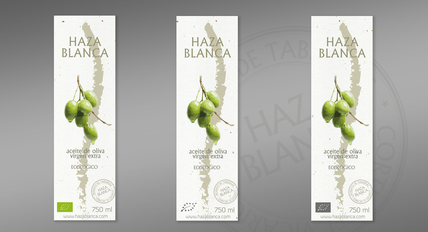 Diseño gráfico y creativo de etiquetas de aceite de oliva virgen extra para la marca HAZA BLANCA