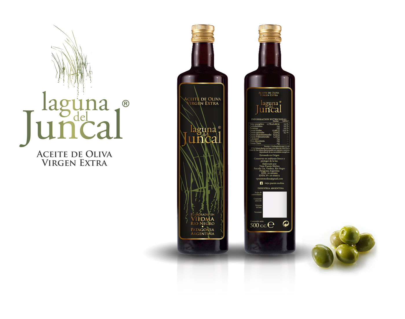 Diseño gráfico y creativo de etiquetas de aceite de oliva virgen extra para la marca en Argentina - LAGUNA DEL JUNCAL