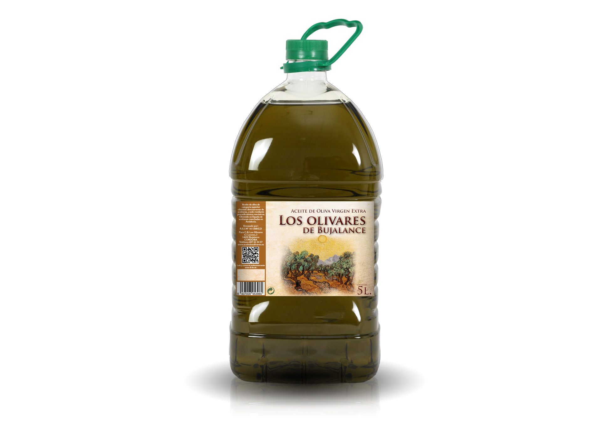 Diseño gráfico y creativo de etiquetas de aceite de oliva virgen extra para la marca LOS OLIVARES DE BUJALANCE garrafa de aceite de 5 litros