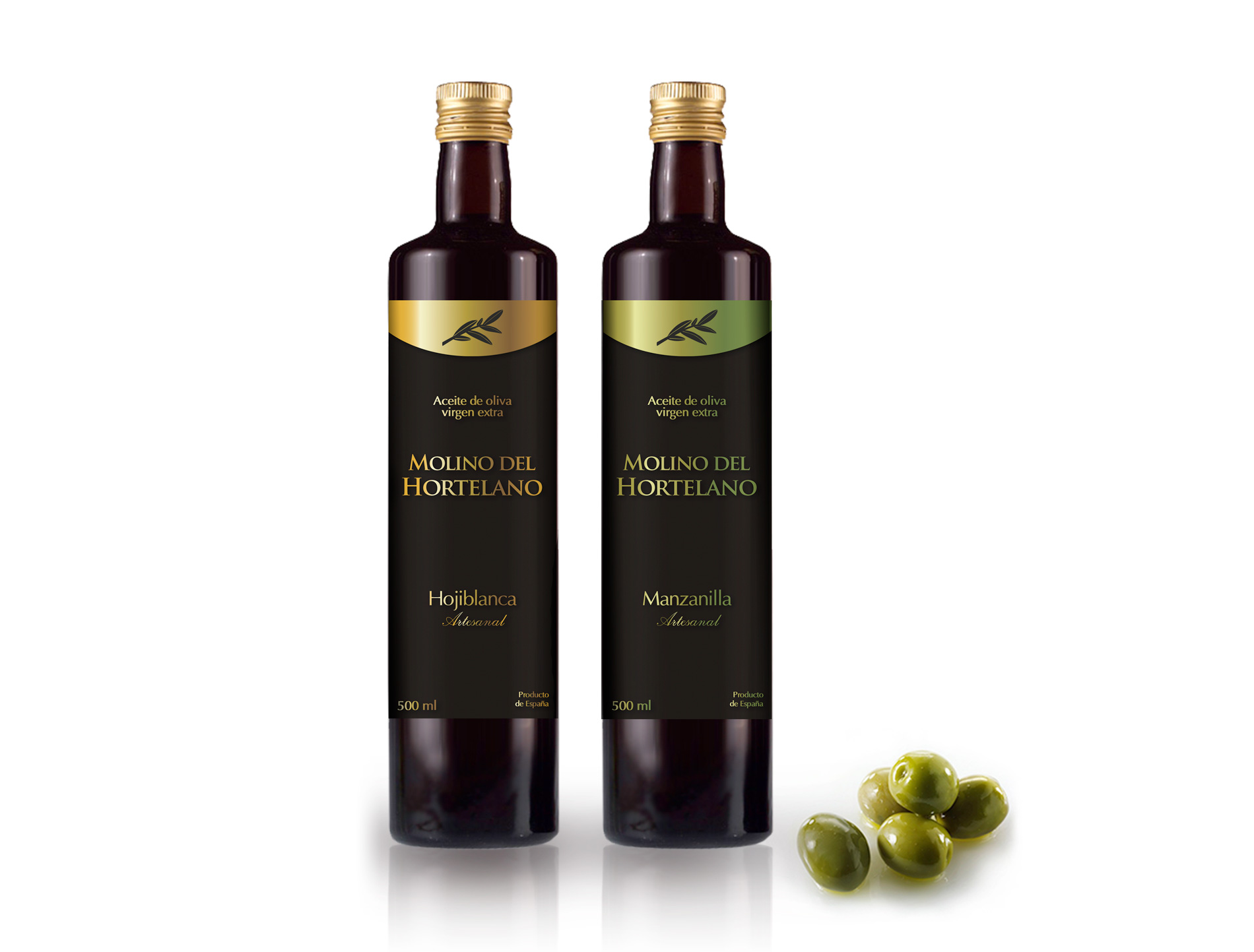 Diseño gráfico y creativo de etiquetas de aceite de oliva virgen extra para la marca Molino del Hortelano Artesanal