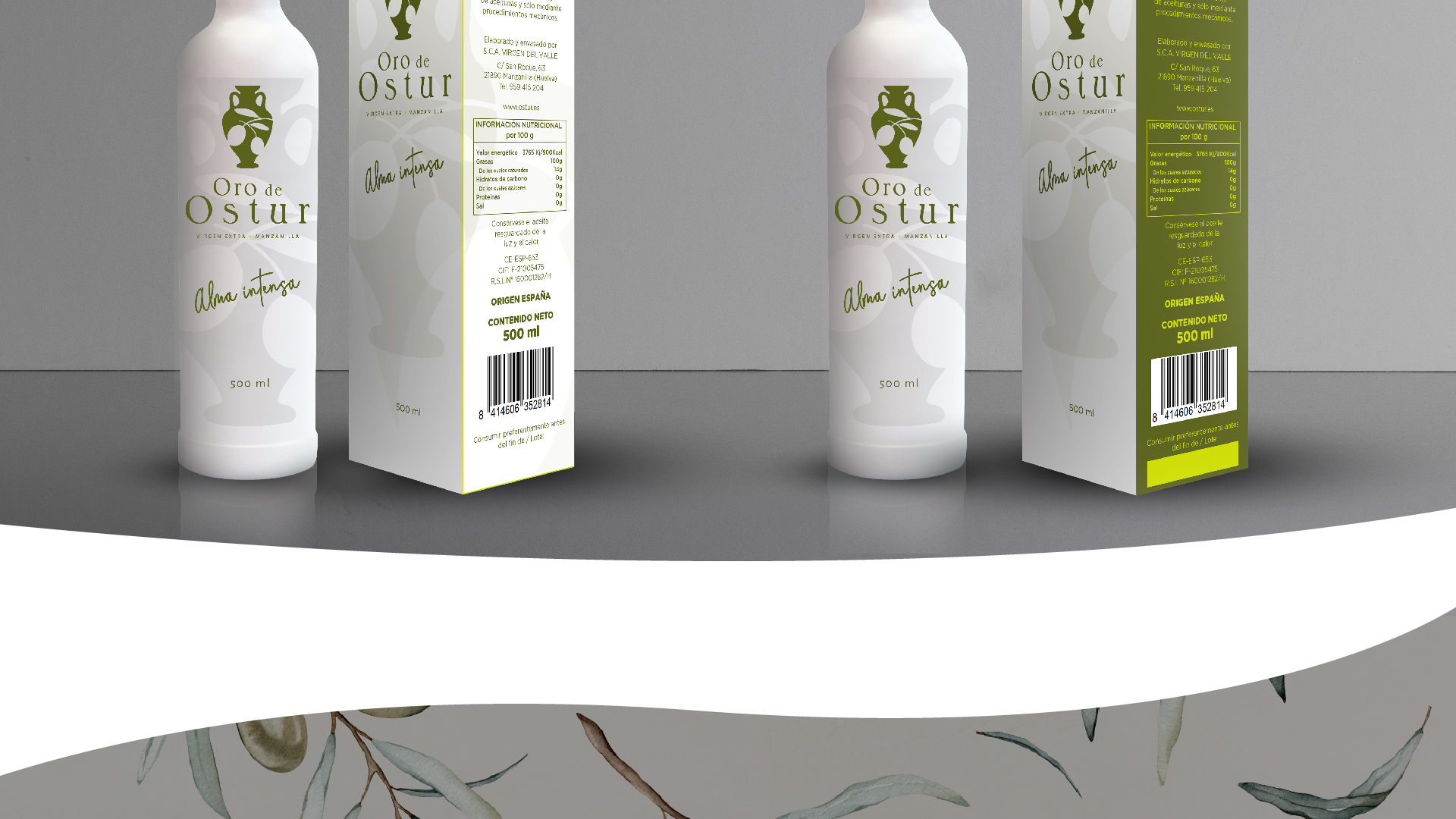 Graphic and creative design of extra virgin olive oil labels for ORO DE OSTUR