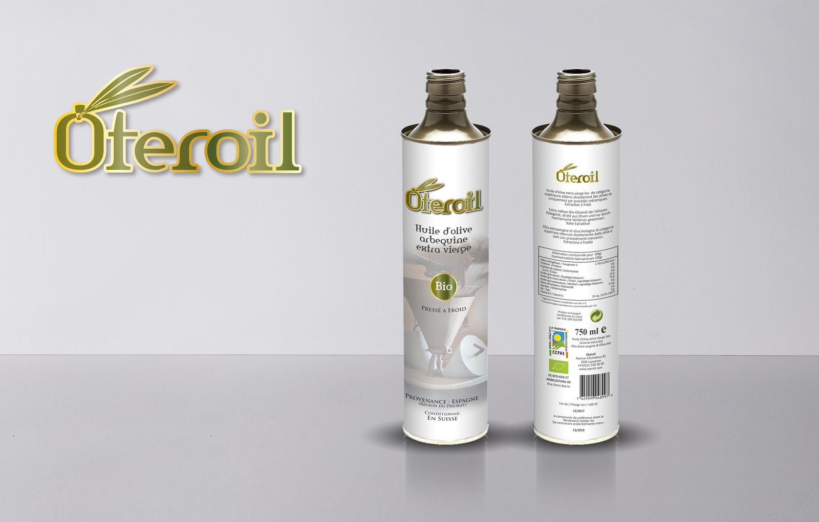 Creative graphic design work portfolio of logo and corporate brand creation for Spanish extra virgin olive oil distributor in Switzerland