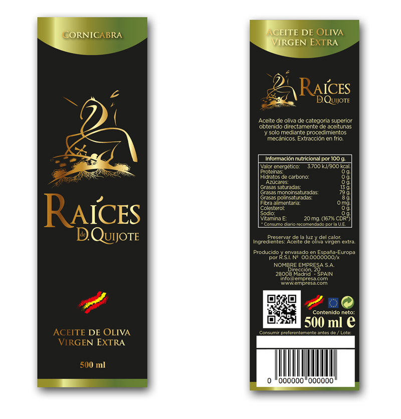 Diseño gráfico y creativo de etiquetas de aceite de oliva virgen extra para la marca RAICES DE DON QUIJOTE