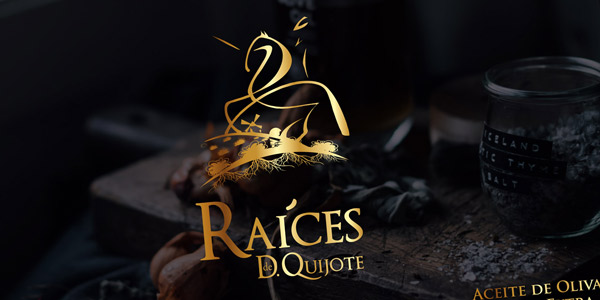 Portfolio of graphic and creative design works of extra virgin olive oil label design and packaging for RAICES DE DON QUIJOTE