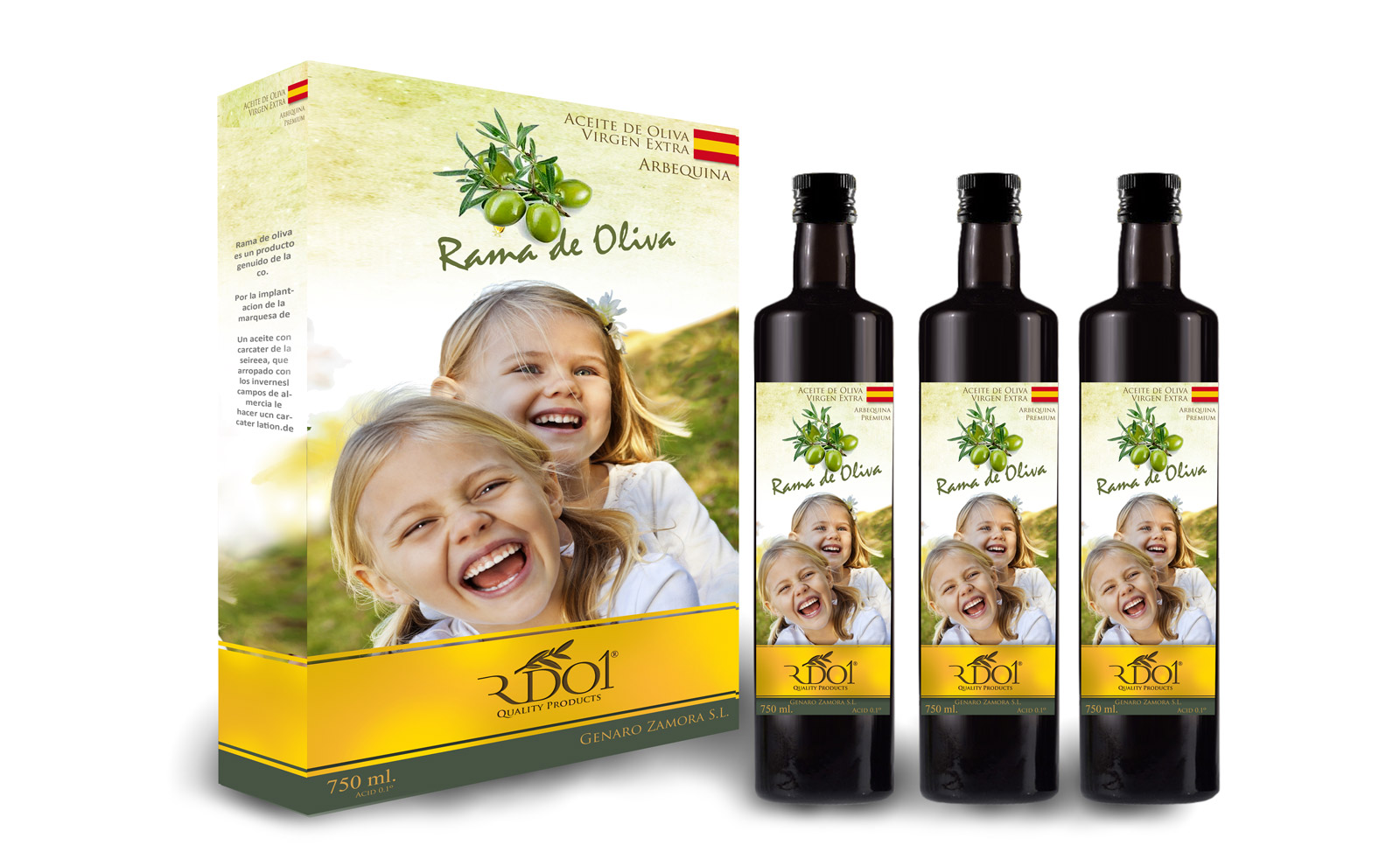 Diseño gráfico y creativo de etiquetas de aceite de oliva virgen extra para la marca RDO1 con exportación a China