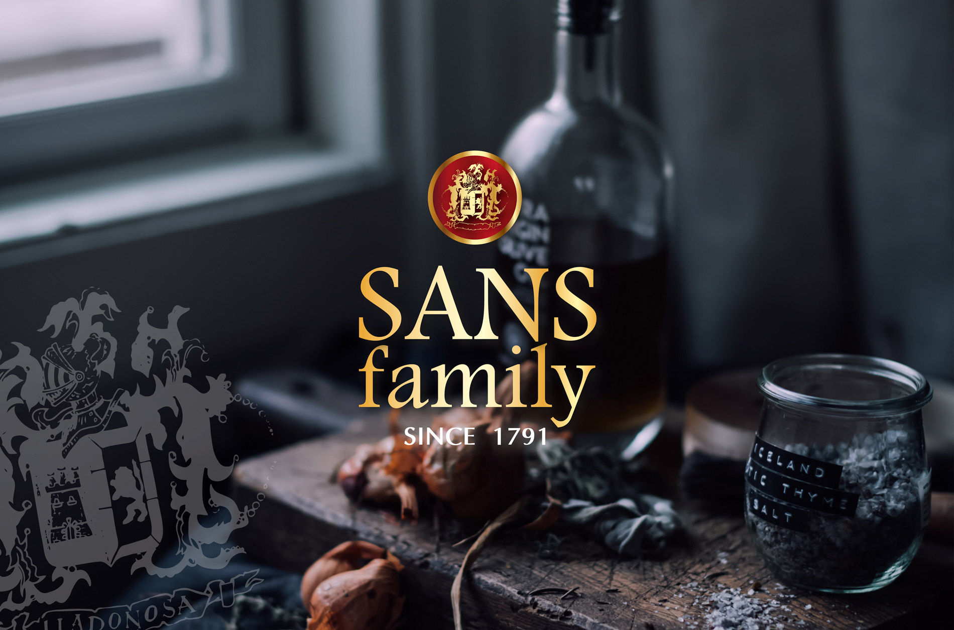 Diseño de logo e imagen corporativa para etiqueta de aceite de oliva virgen extra SANS FAMILY