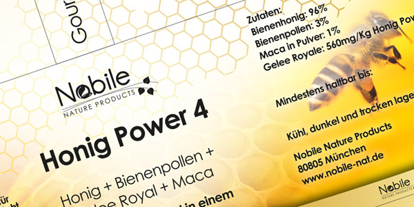 Diseño gráfico y creativo de etiquetas de productos para Miel de la empresa Nobile Nature Products en Alemania