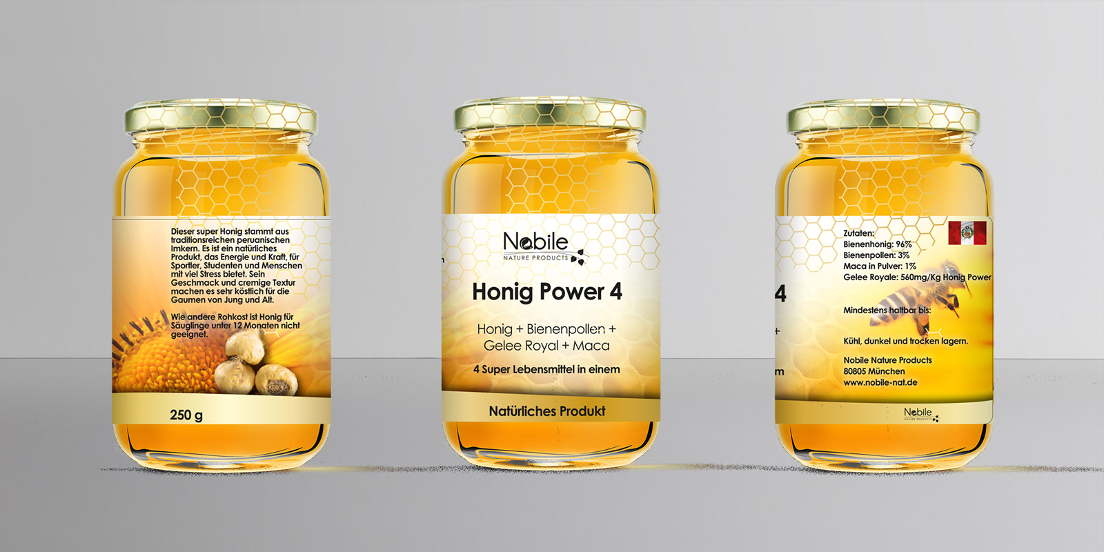 Graphic and creative design of product labels for Honey from the company Nobile Nature Products in Germany