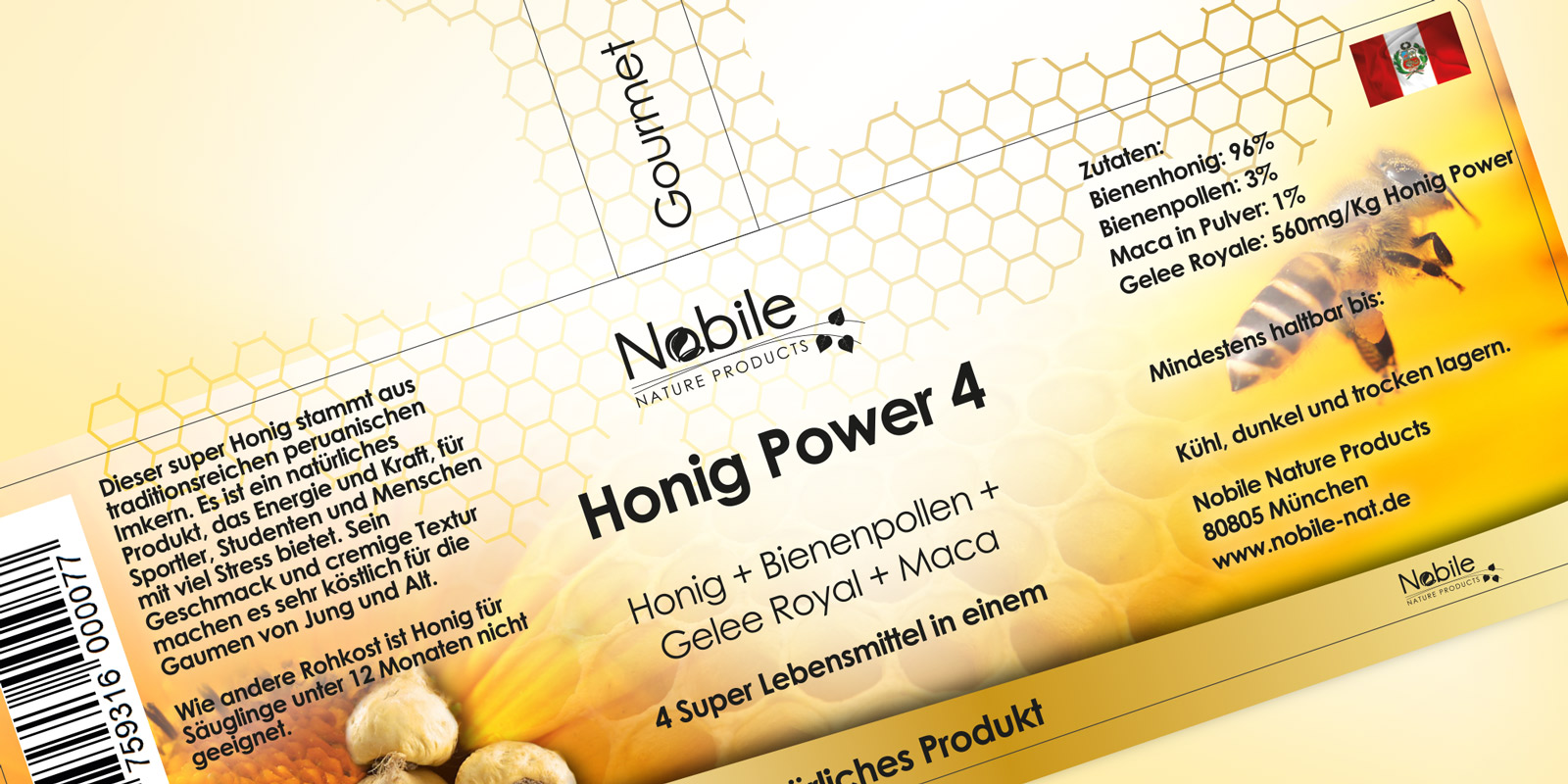 Diseño gráfico y creativo de etiquetas de productos para Miel de la empresa Nobile Nature Products en Alemania