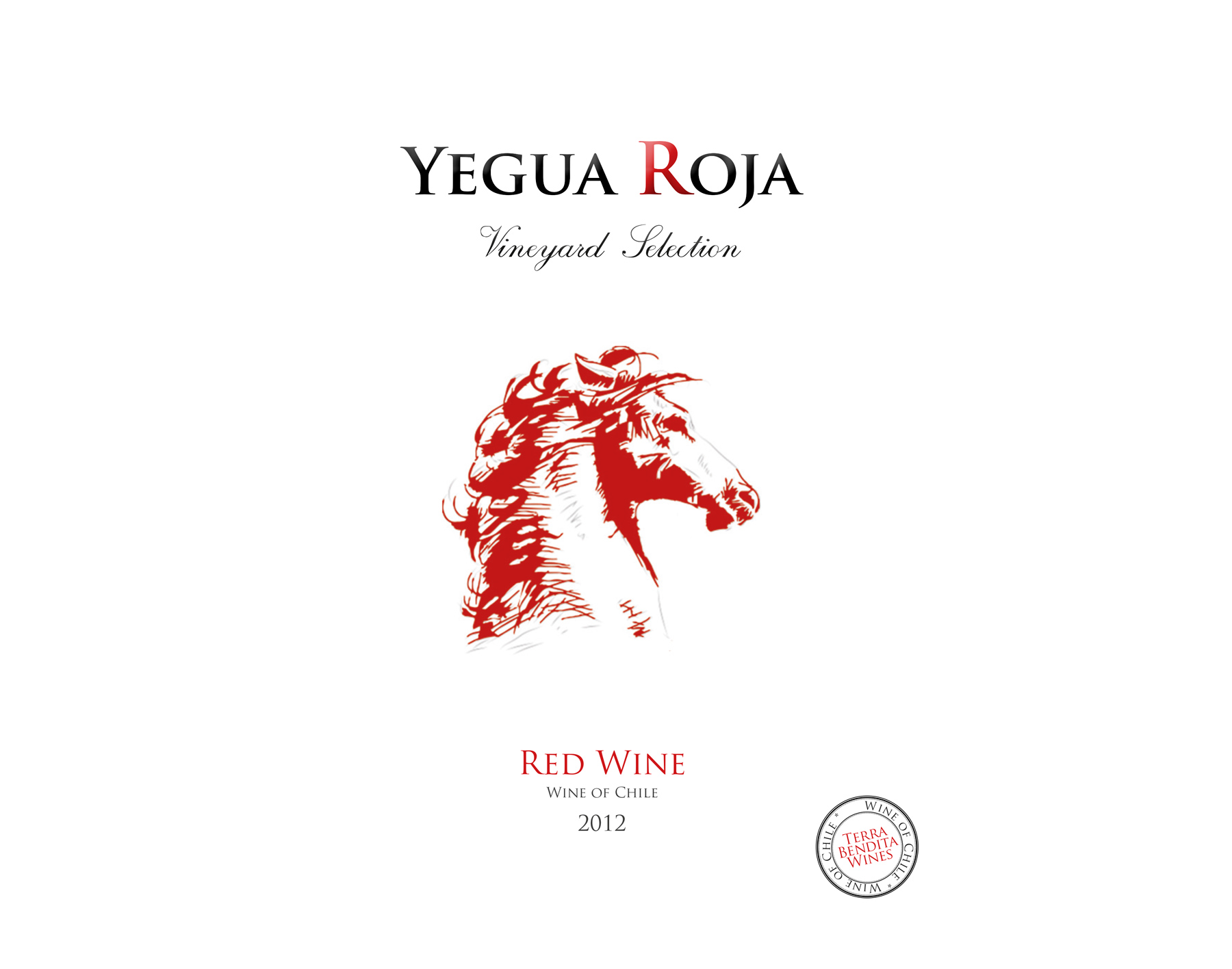 Diseño gráfico y creativo de etiquetas y packaging de vino para bodegas YEGUA ROJA de Chile, consumo propio y exportación