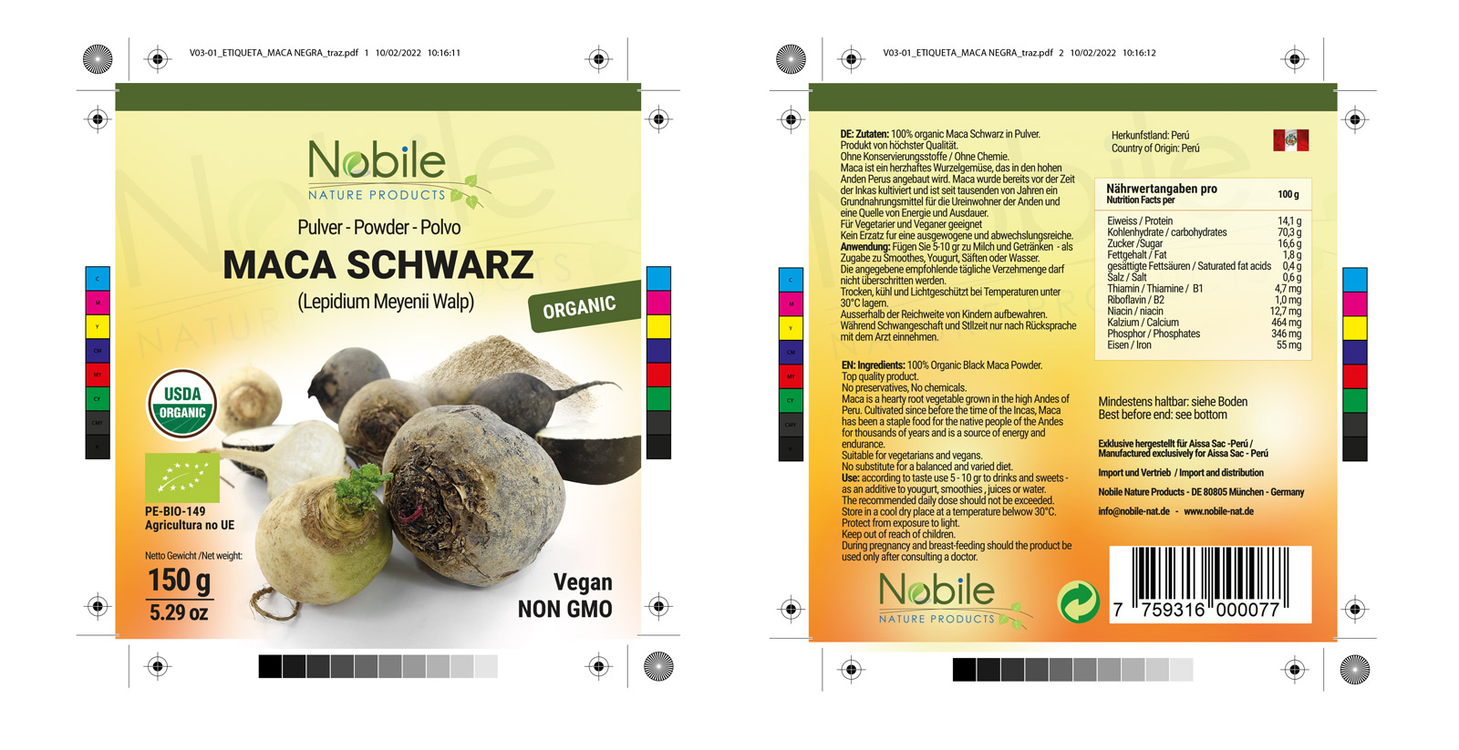Diseño gráfico y creativo de etiquetas y packaging de productos MACA NEGRA para Nobile