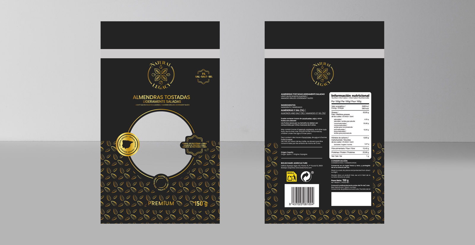 Diseño gráfico y creativo de packaging para caja de cartón para transporte de doypacks y diseño de doypacks para frutos secos
