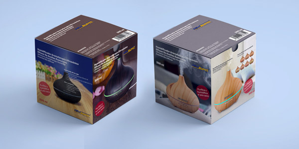 Diseño gráfico y creativo de packaging, cajas y envases para cajas de humidificador de aromaterápia