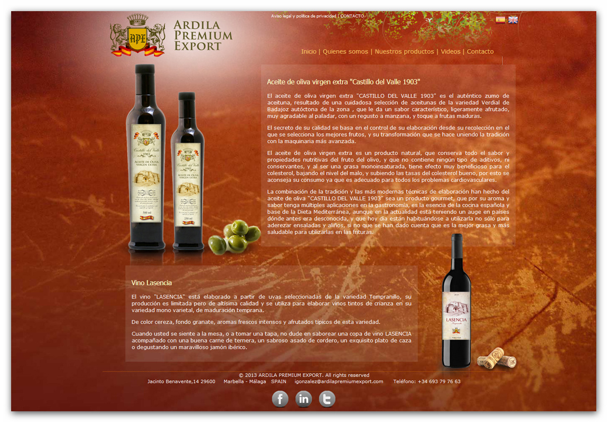 Portfolio of works of design, creation and programming of web pages for marketing and exporting company of extra virgin olive oil and Spanish Iberian ham