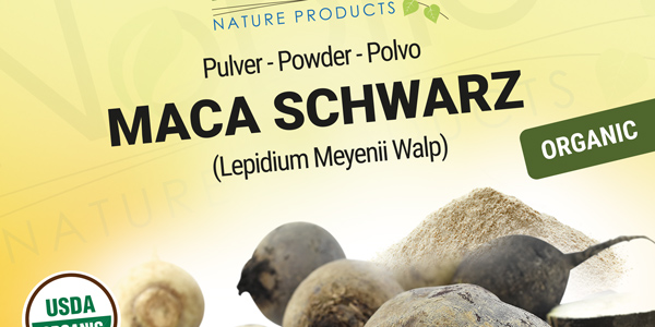 Graphic and creative design of product labels for BLACK MACA - MACA SCHWARZ from the company Nobile Nature Products in Germany