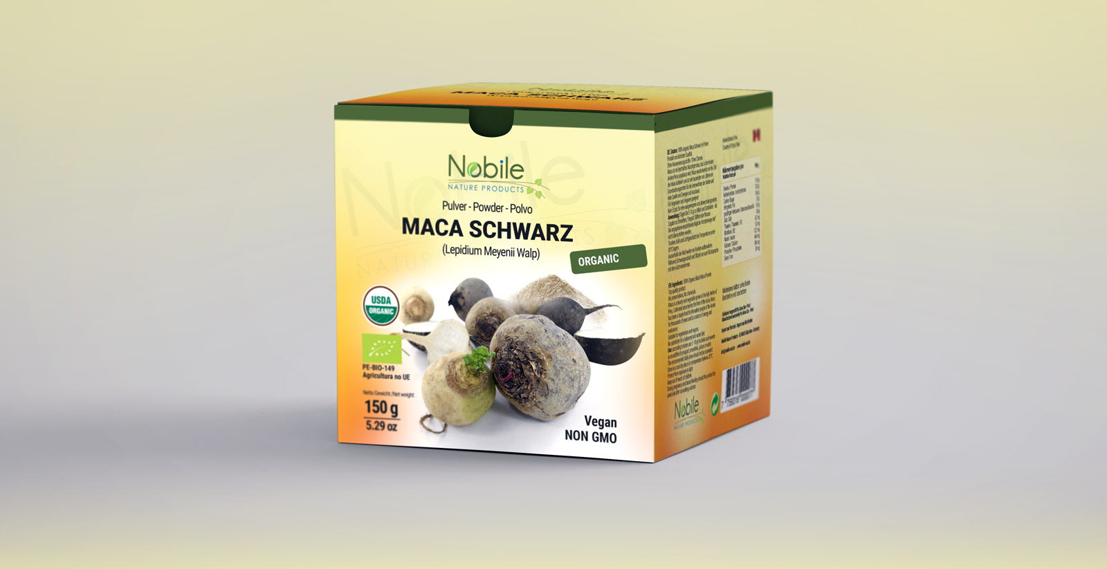 Diseño gráfico y creativo de etiquetas y packaging para MACA NEGRA de Nobile Nature Products en Alemania